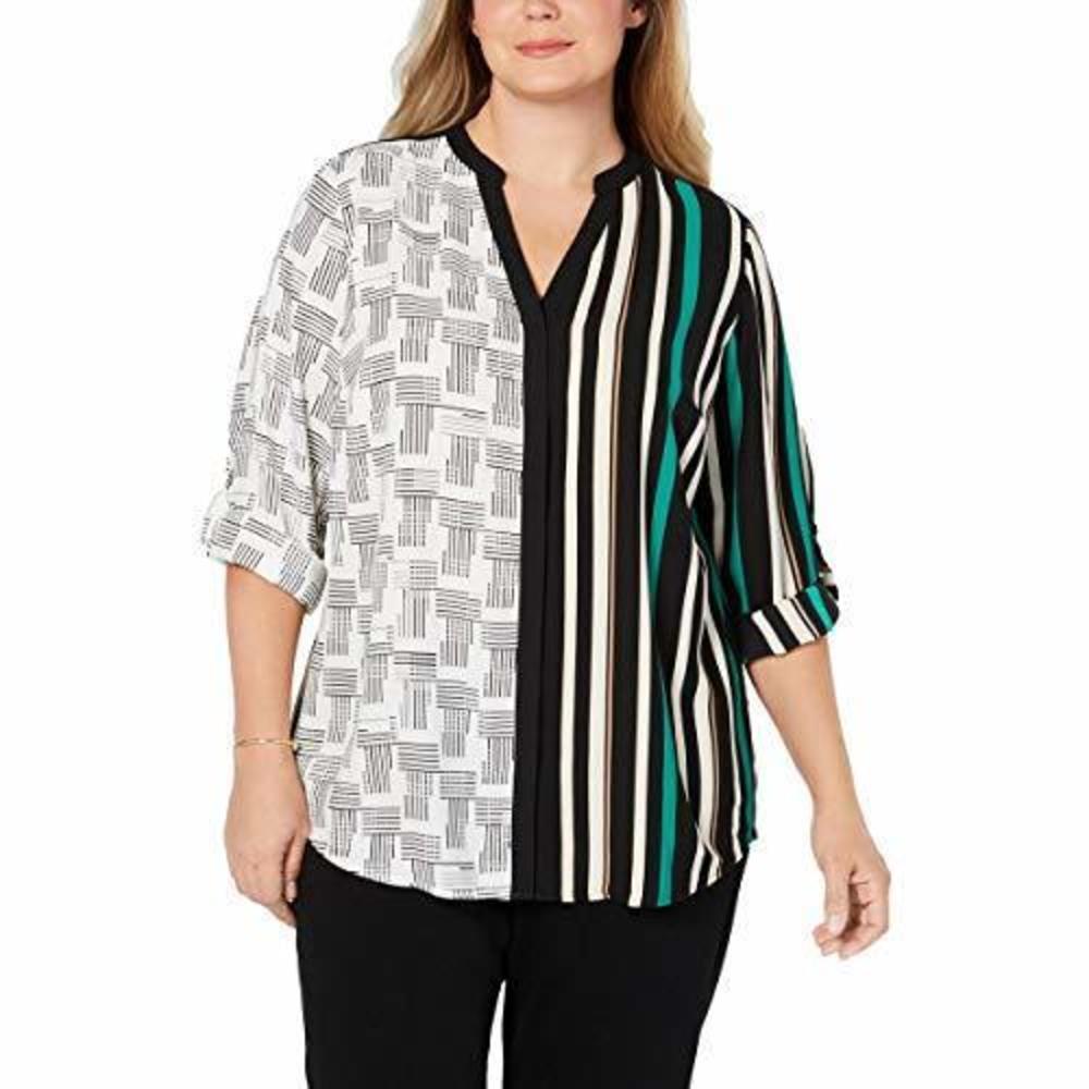 Alfani Women's Plus Size Black Striped Top with Adjustable Sleeves 1X